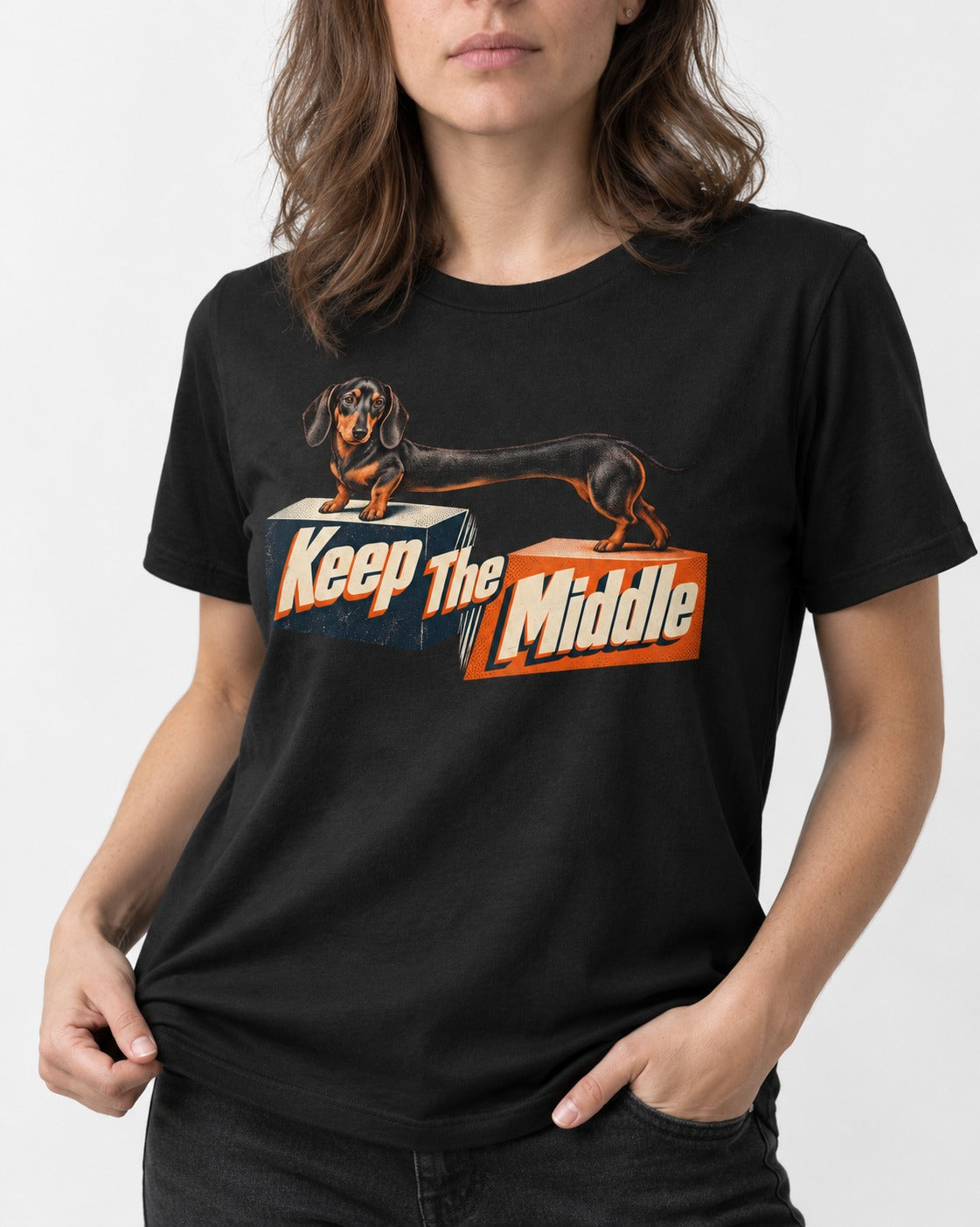 Dachshund Keep The Middle Block Bridge Graphic T-Shirt in Black, worn by a model, front view