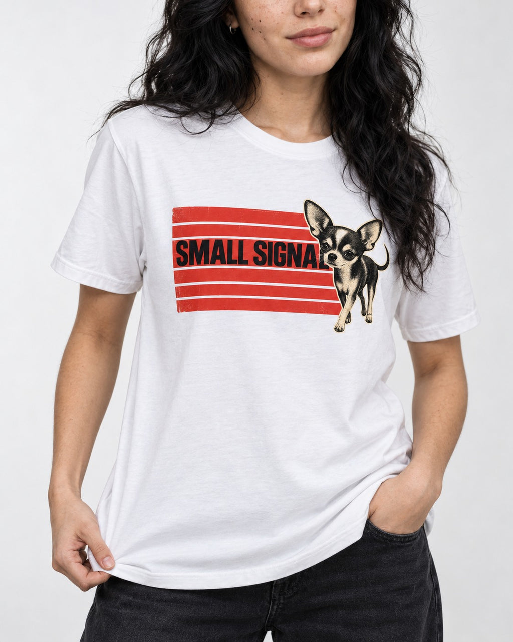 Small Signal Chihuahua T-Shirt in White, worn by a model, front view