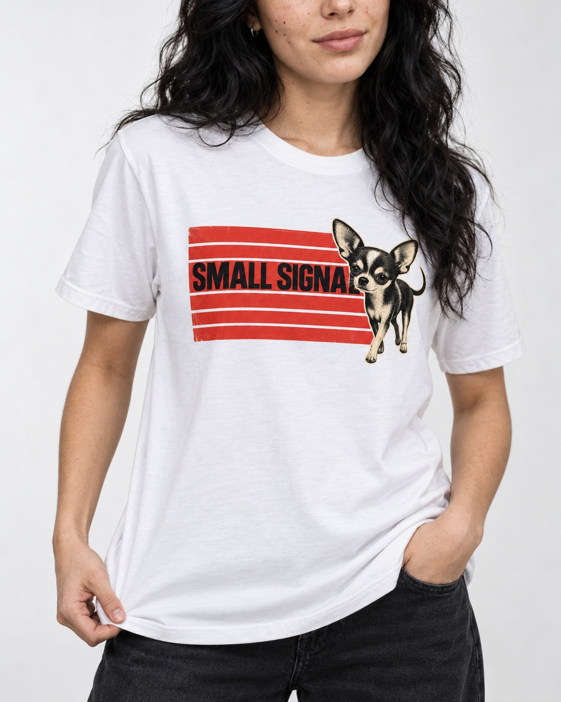 Small Signal Chihuahua T-Shirt in White, worn by a model, front view