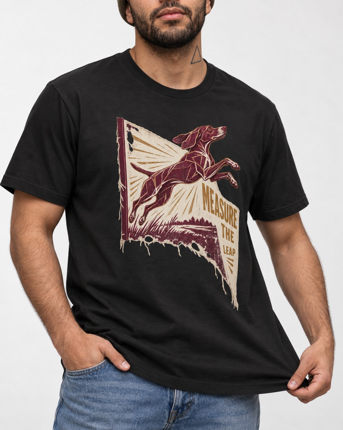 German Shorthaired Pointer Measure the Leap Torn Banner Graphic T-Shirt in Black, worn by a model, front view