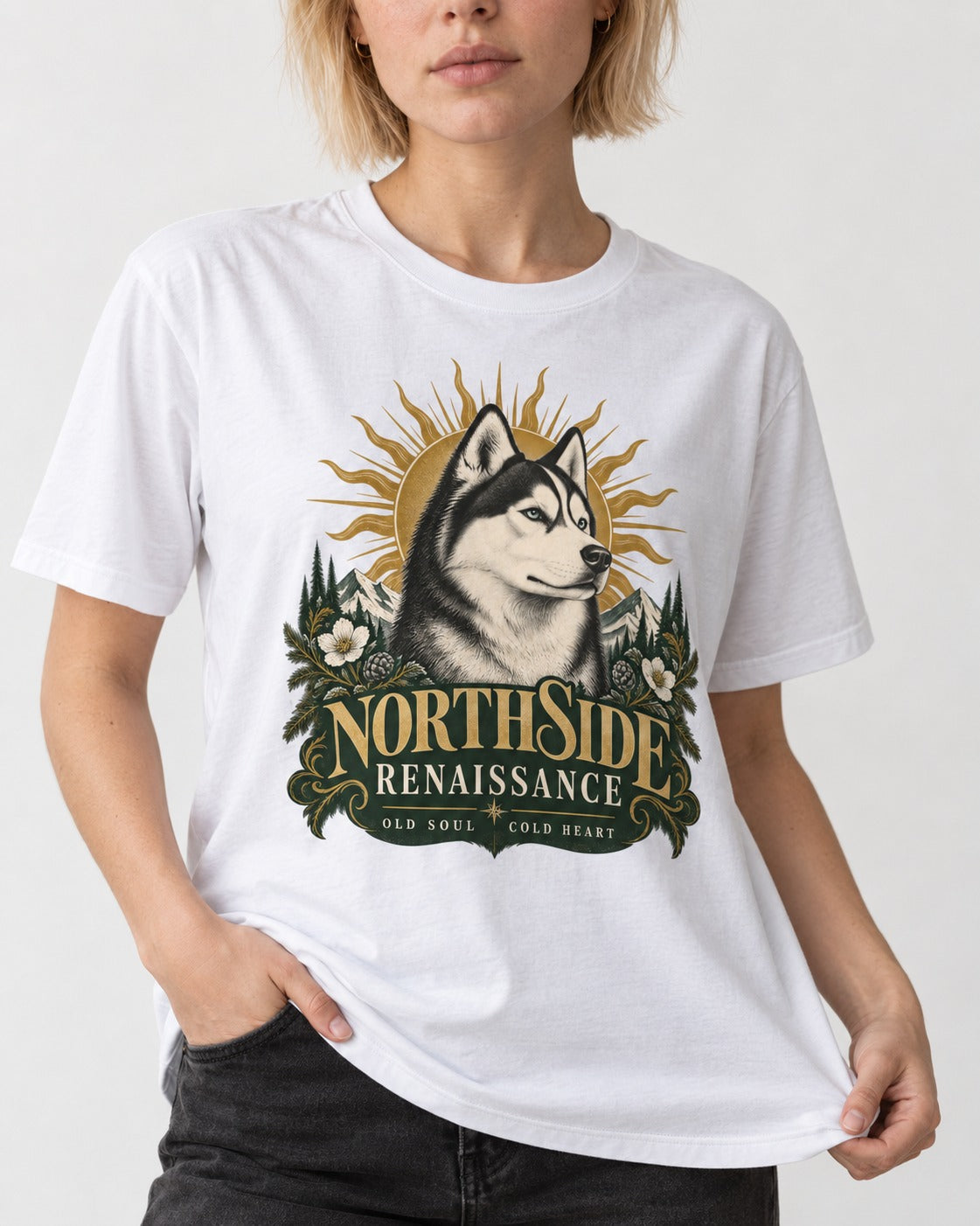 Northside Renaissance Husky T-Shirt in White, worn by a model, front view