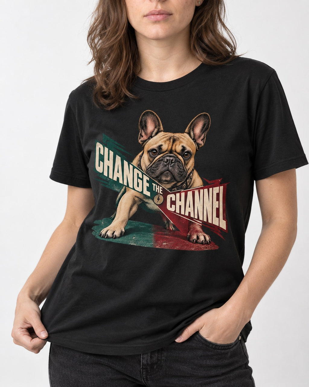 Frenchie Change the Channel Graphic T-Shirt in Black, worn by a model, front view