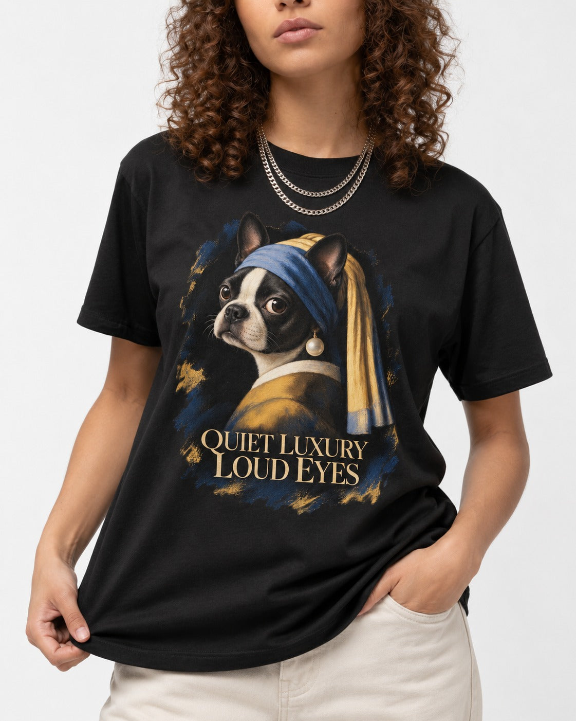 Quiet Luxury Loud Eyes Boston Terrier Pearl Portrait T-Shirt in Black, worn by a model, front view