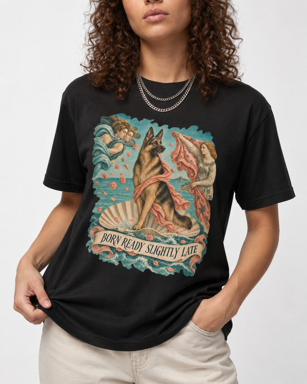 German Shepherd Dog Born Ready Slightly Late Venus Graphic T-Shirt in Black, worn by a model, front view