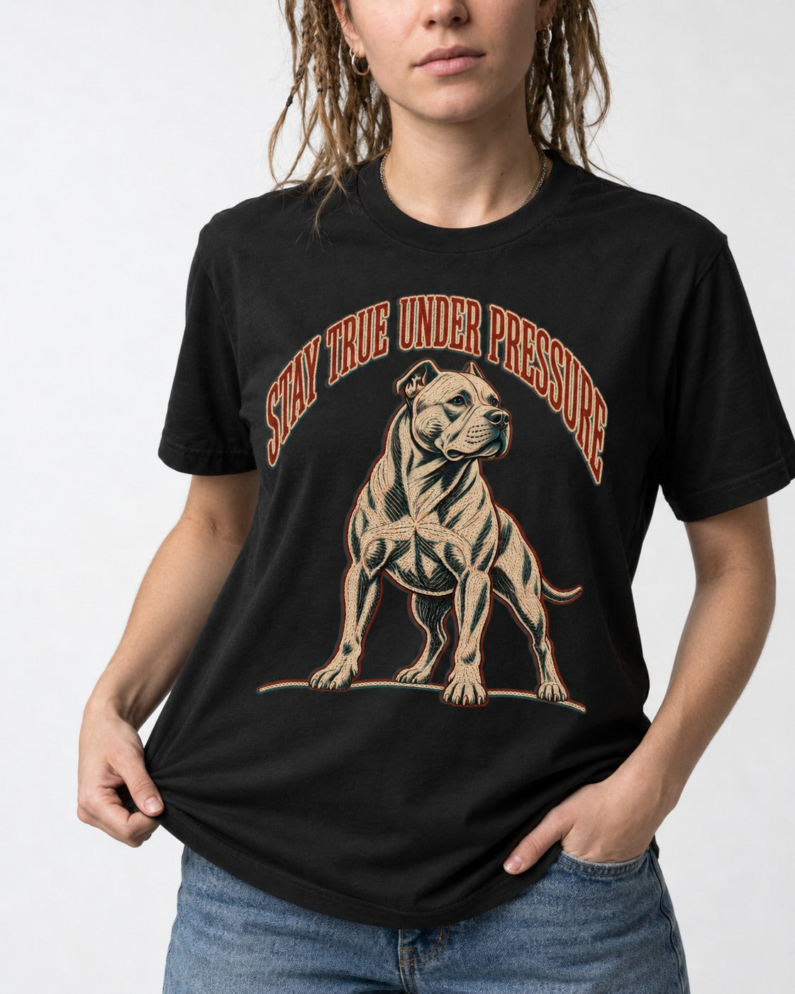 Pitbull Stay True Under Pressure Stance Graphic T-Shirt in Black, worn by a model, front view