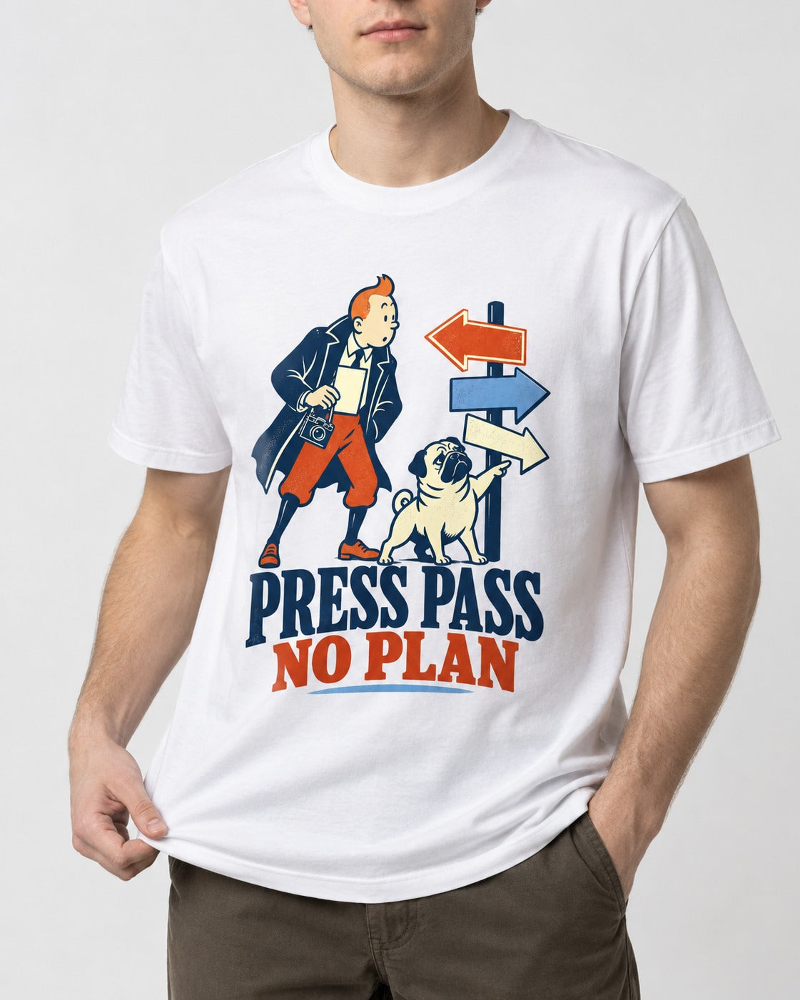 Pug Press Pass No Plan T-Shirt in White, worn by a model, front view
