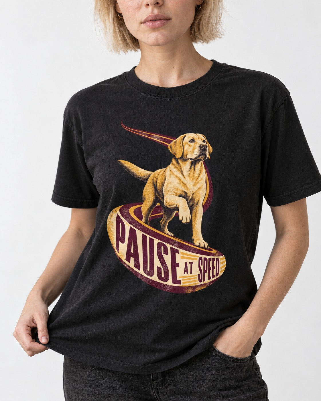 Labrador Retriever Pause at Speed Ribbon Graphic T-Shirt in Black, worn by a model, front view