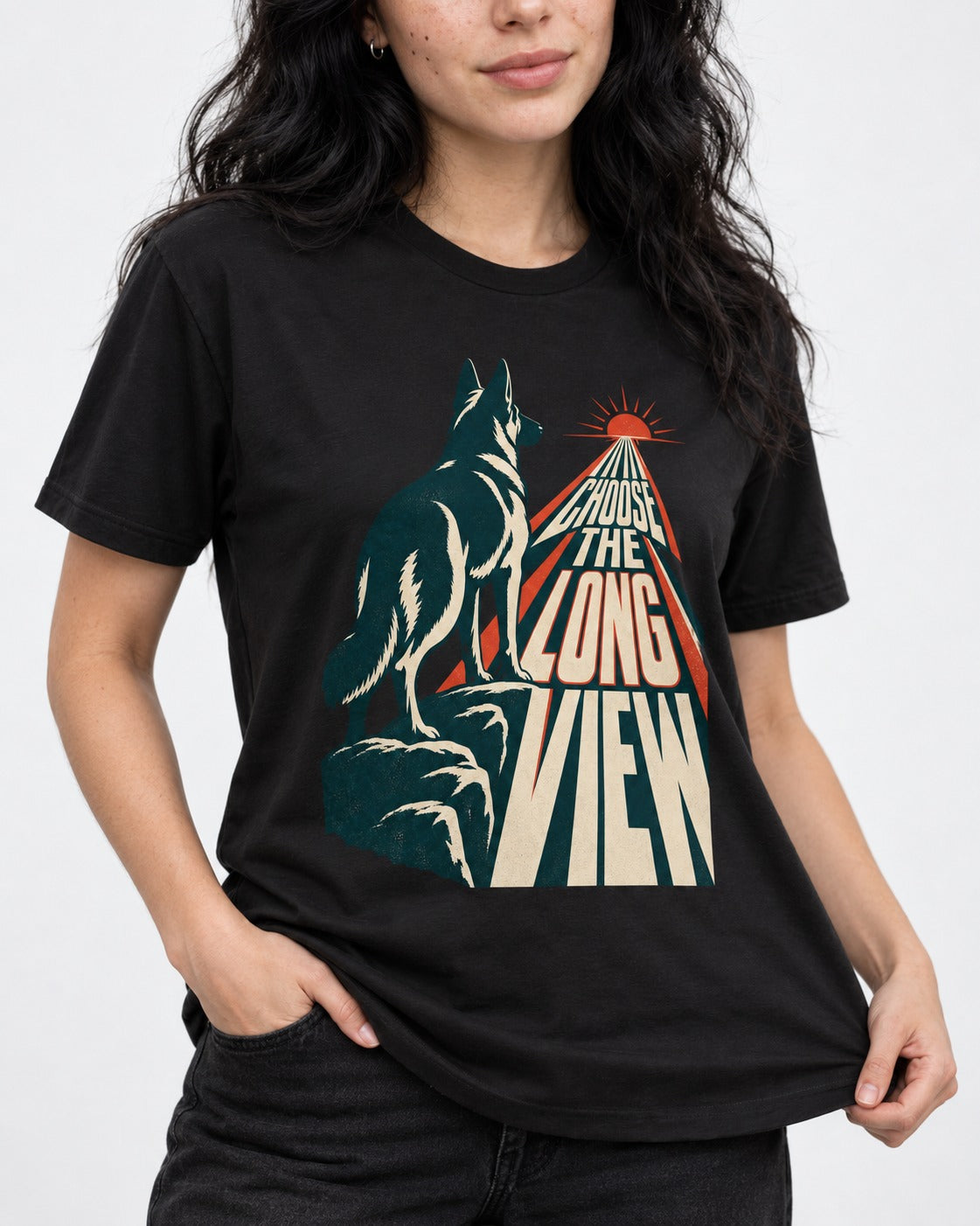 Choose the Long View Sunrise German Shepherd Dog Graphic T-Shirt in Black, worn by a model, front view