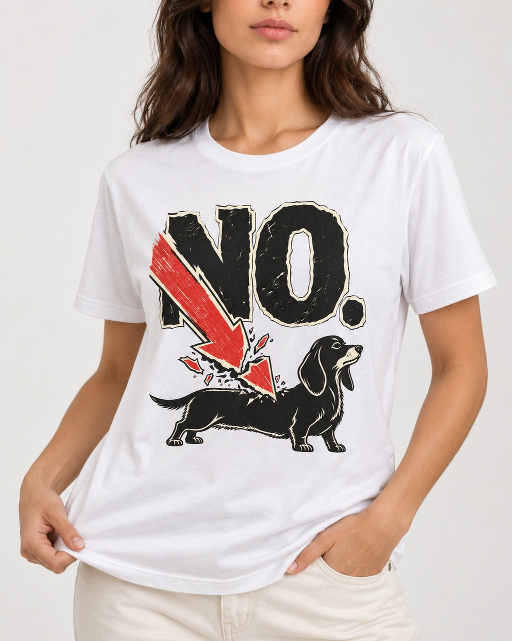 Dachshund Says No T-Shirt in White, worn by a model, front view