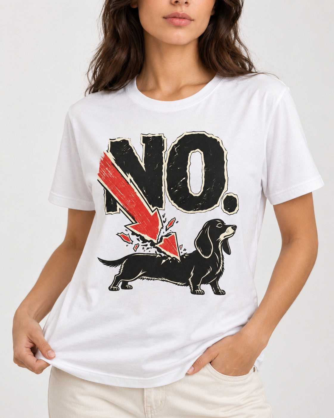 Dachshund Says No T-Shirt in White, worn by a model, front view