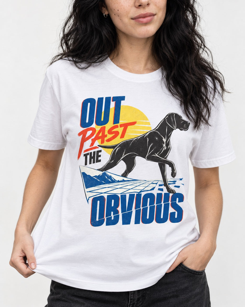 Out Past the Obvious German Shorthaired Pointer T-Shirt in White, worn by a model, front view