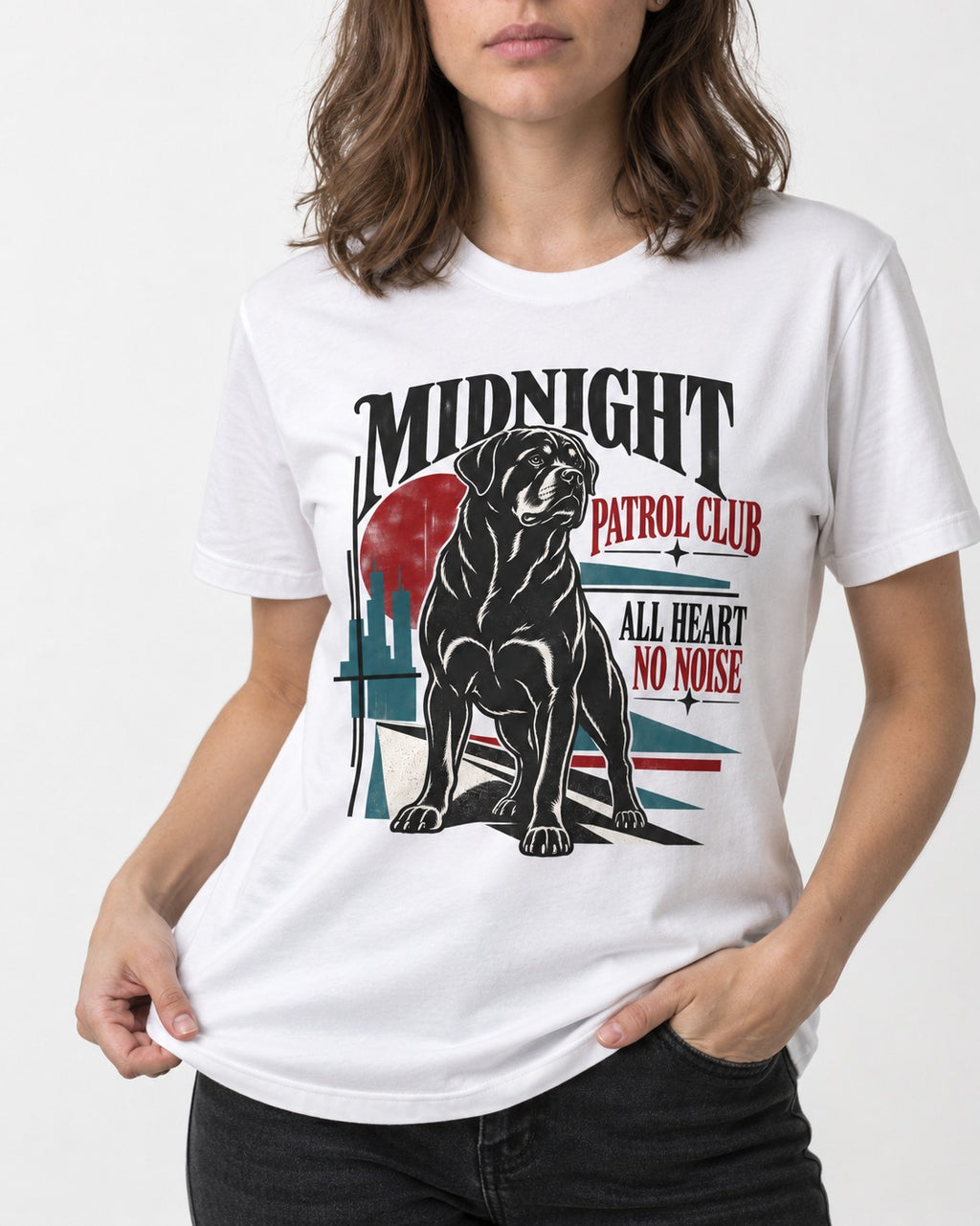 Rottweiler Midnight Patrol Club T-Shirt in White, worn by a model, front view