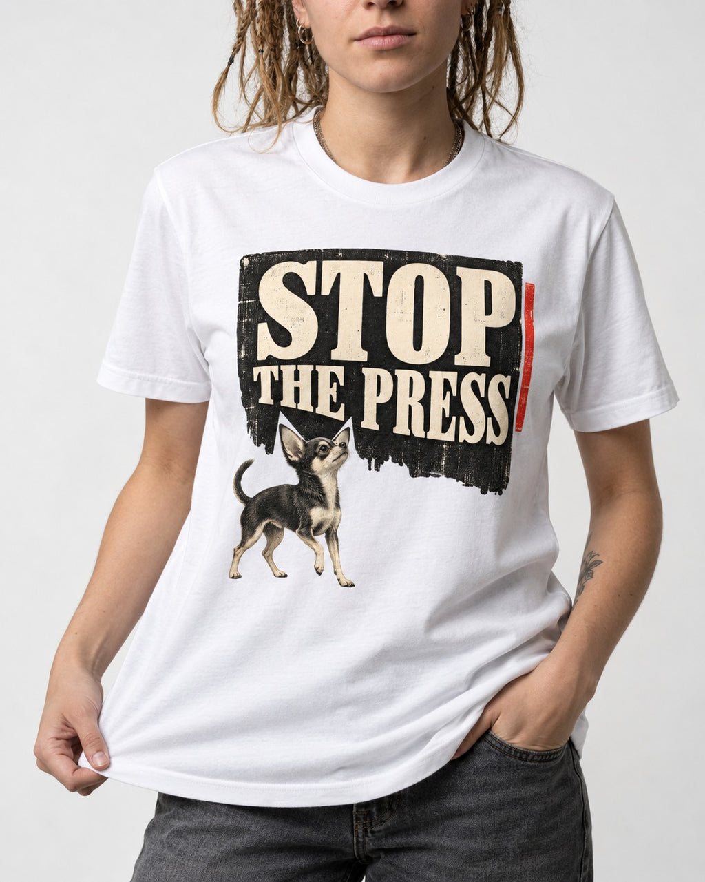 Stop the Press Chihuahua T-Shirt in White, worn by a model, front view