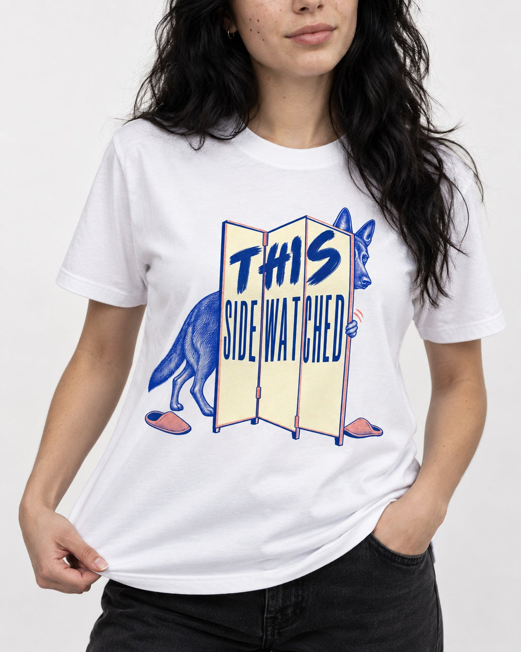This Side Watched by German Shepherd Dog T-Shirt in White, worn by a model, front view