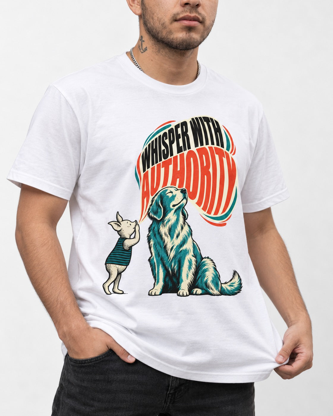 Golden Retriever Whisper with Authority T-Shirt in White, worn by a model, front view