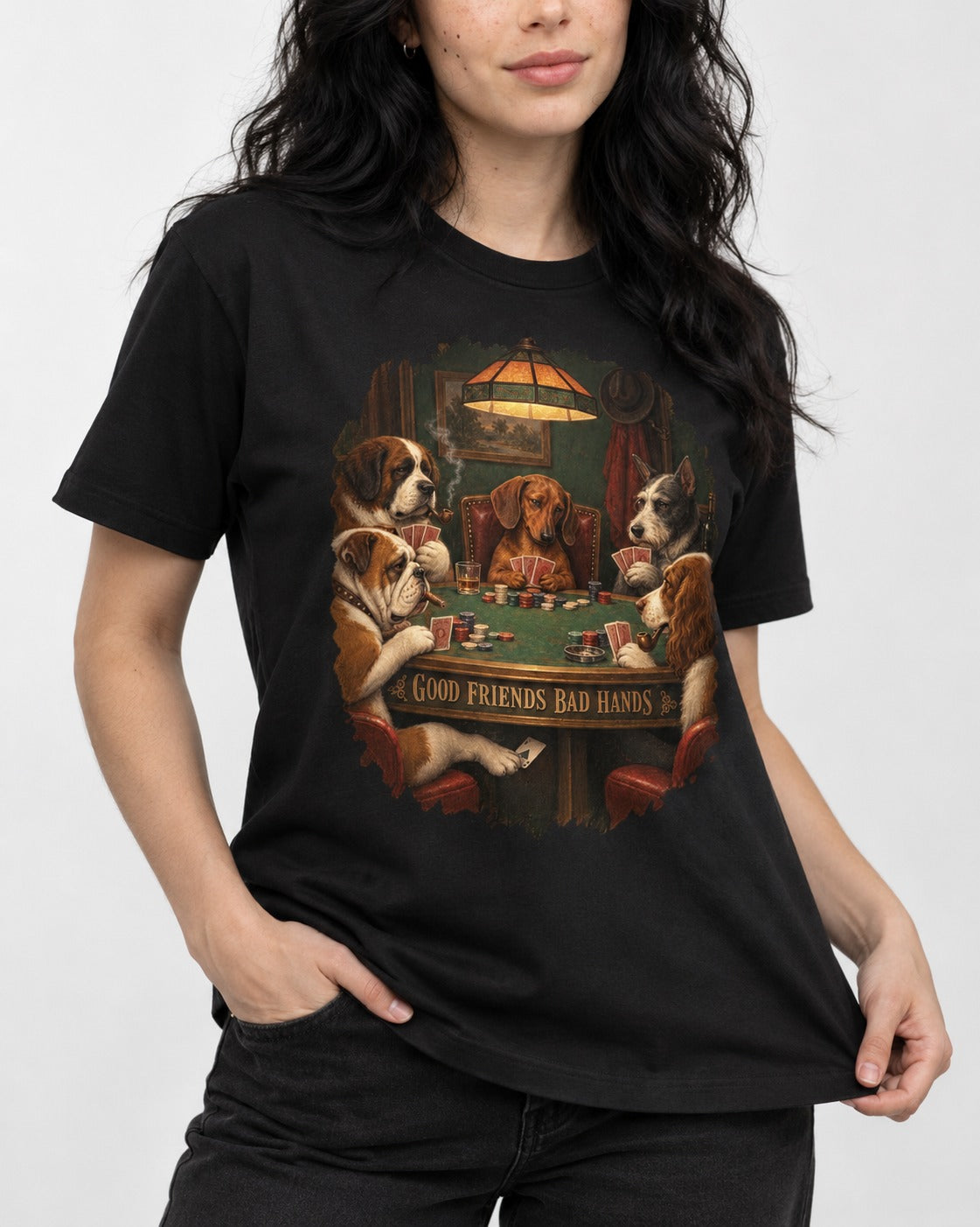 Dachshund Good Friends Bad Hands Poker Scene T-Shirt in Black, worn by a model, front view