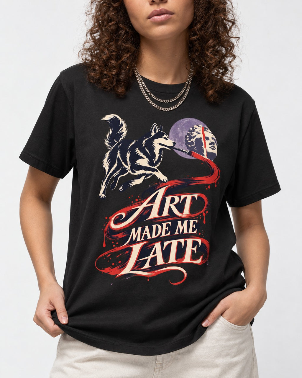 Husky Art Made Me Late Paintbrush Graphic T-Shirt in Black, worn by a model, front view