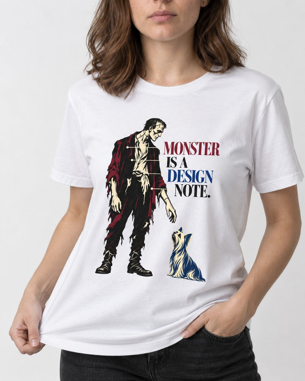 Yorkshire Terrier Monster T-Shirt in White, worn by a model, front view