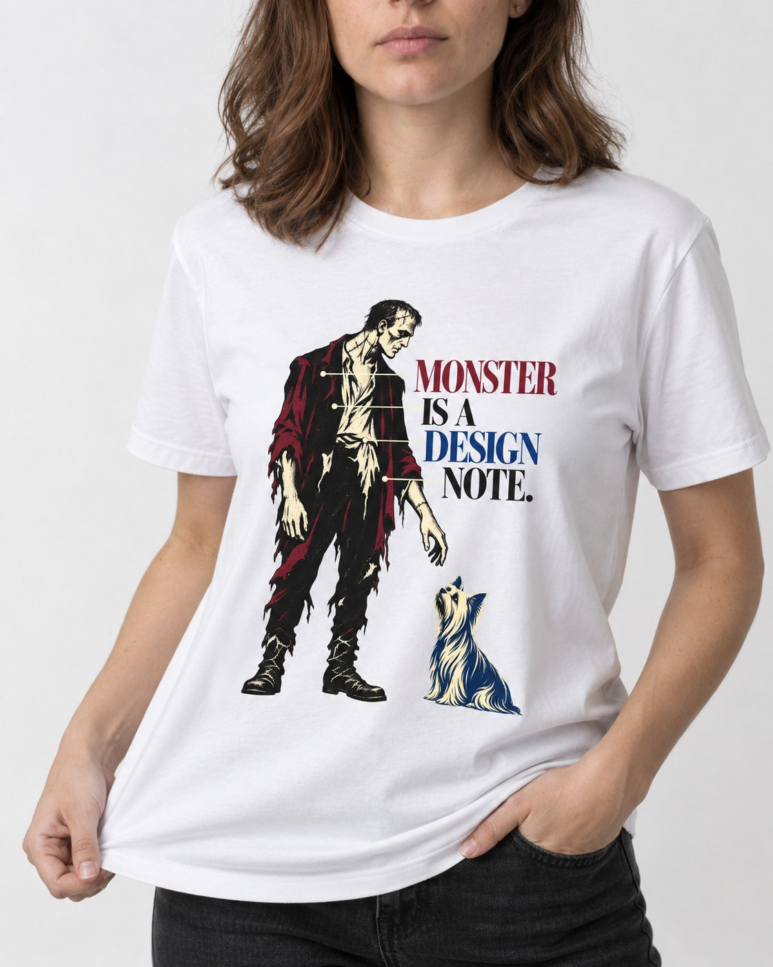 Yorkshire Terrier Monster T-Shirt in White, worn by a model, front view