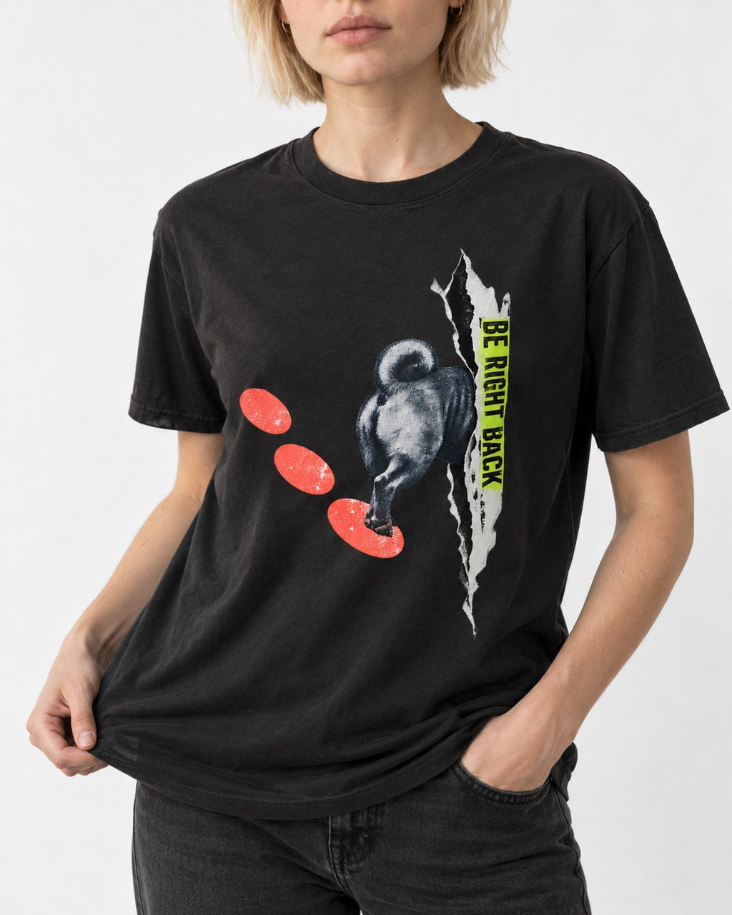 Pug Be Right Back Torn Portal Graphic T-Shirt in Black, worn by a model, front view