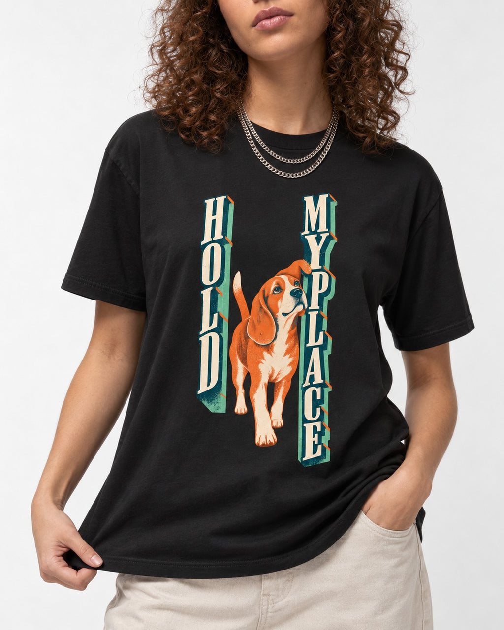 Vintage Beagle Hold My Place T-Shirt in Black, worn by a model, front view