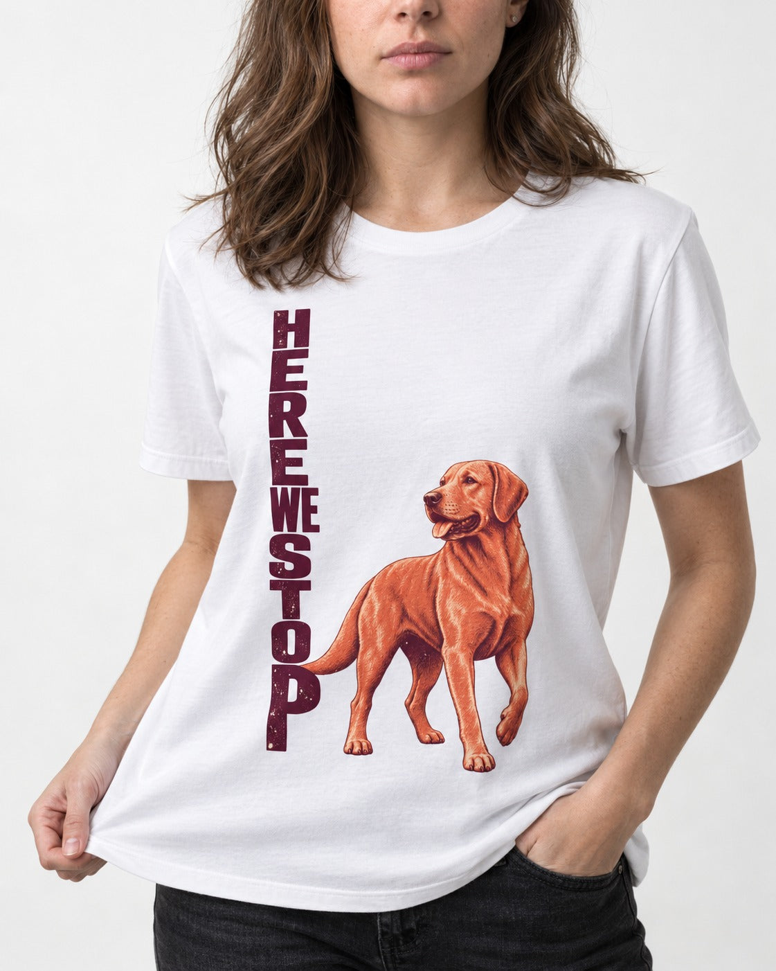 Here We Stop Labrador Retriever T-Shirt in White, worn by a model, front view
