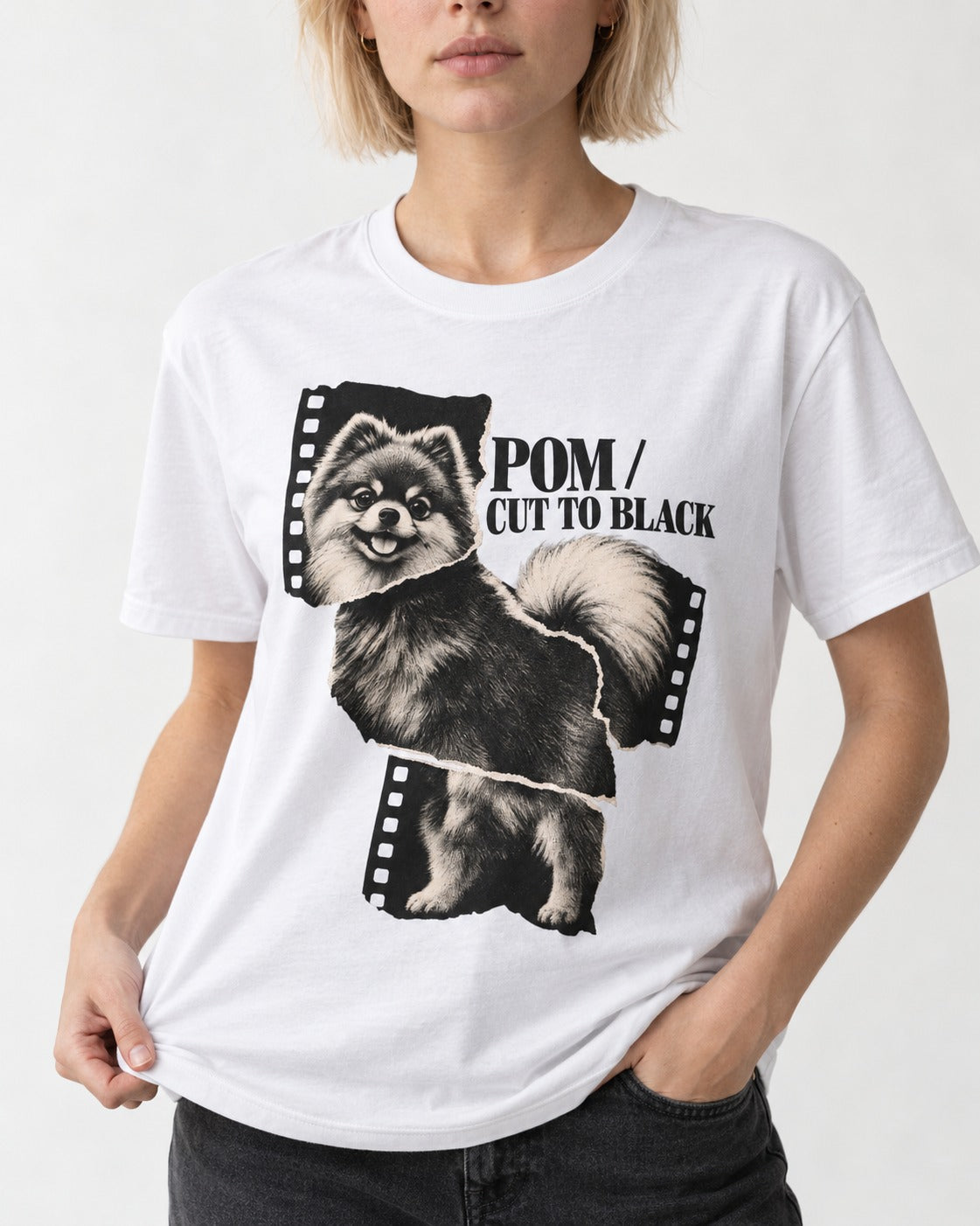 Pomeranian Cut to Black T-Shirt in White, worn by a model, front view