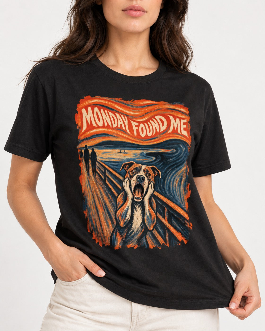 Pitbull Monday Found Me Expressionist Scream Graphic T-Shirt in Black, worn by a model, front view