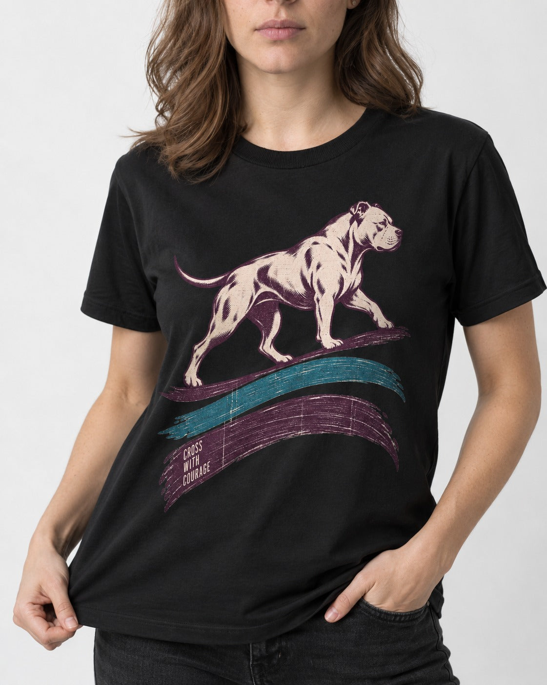 Pitbull Cross with Courage Brushstroke Graphic T-Shirt in Black, worn by a model, front view