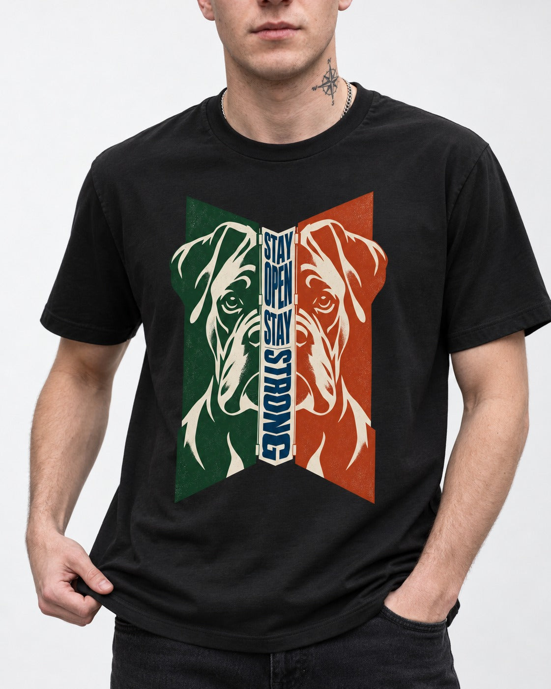 Boxer Stay Open Stay Strong T-Shirt in Black, worn by a model, front view