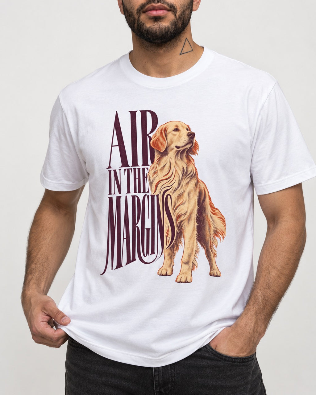 Golden Retriever In the Margins T-Shirt in White, worn by a model, front view
