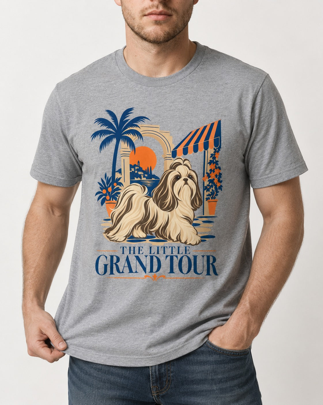Shih Tzu The Little Grand Tour Mediterranean Courtyard Graphic T-Shirt in Sport Grey, worn by a model, front view