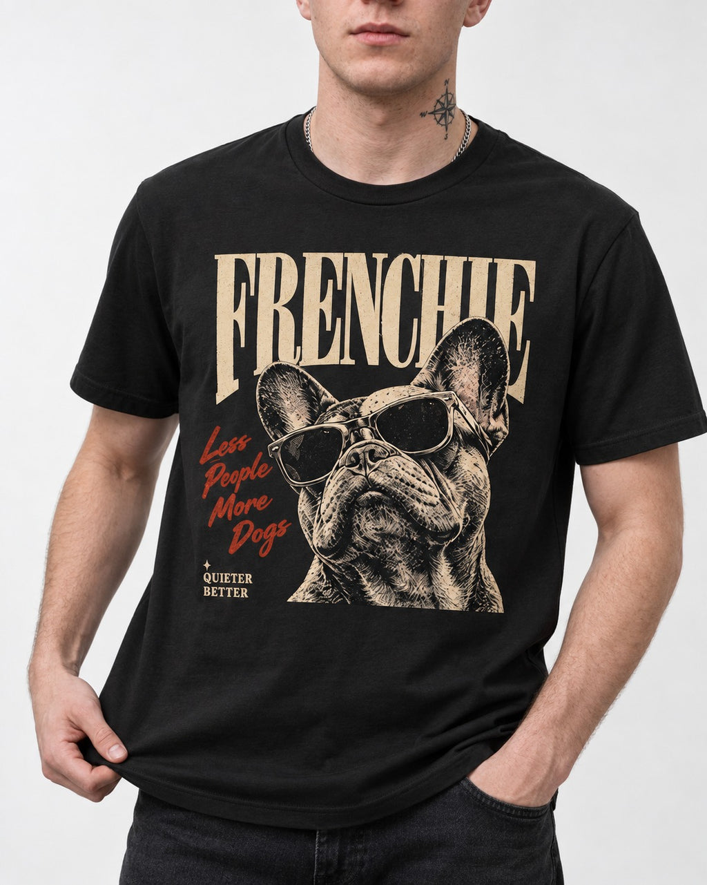 Frenchie Less People More Dogs Sunglasses Graphic T-Shirt in Black, worn by a model, front view