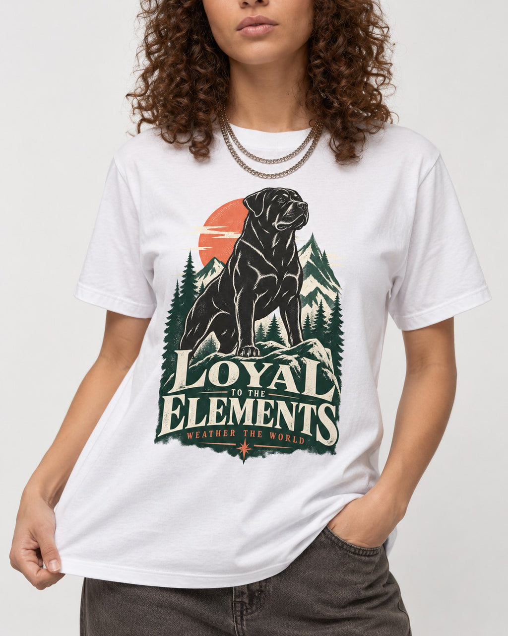 Rottweiler Loyal to the Elements T-Shirt in White, worn by a model, front view