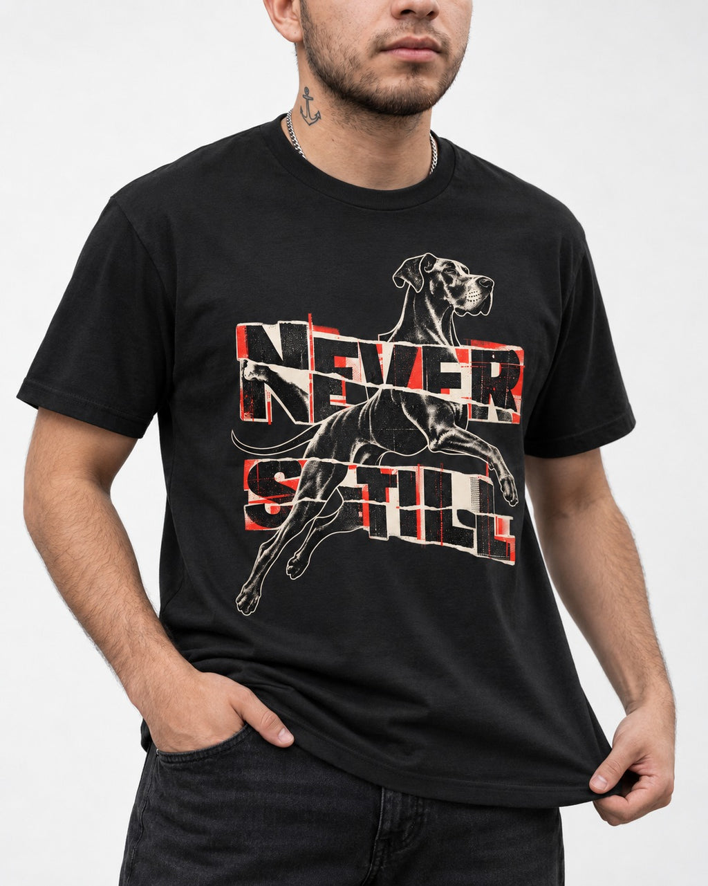 Great Dane Never Still Leaping Collage Graphic T-Shirt in Black, worn by a model, front view