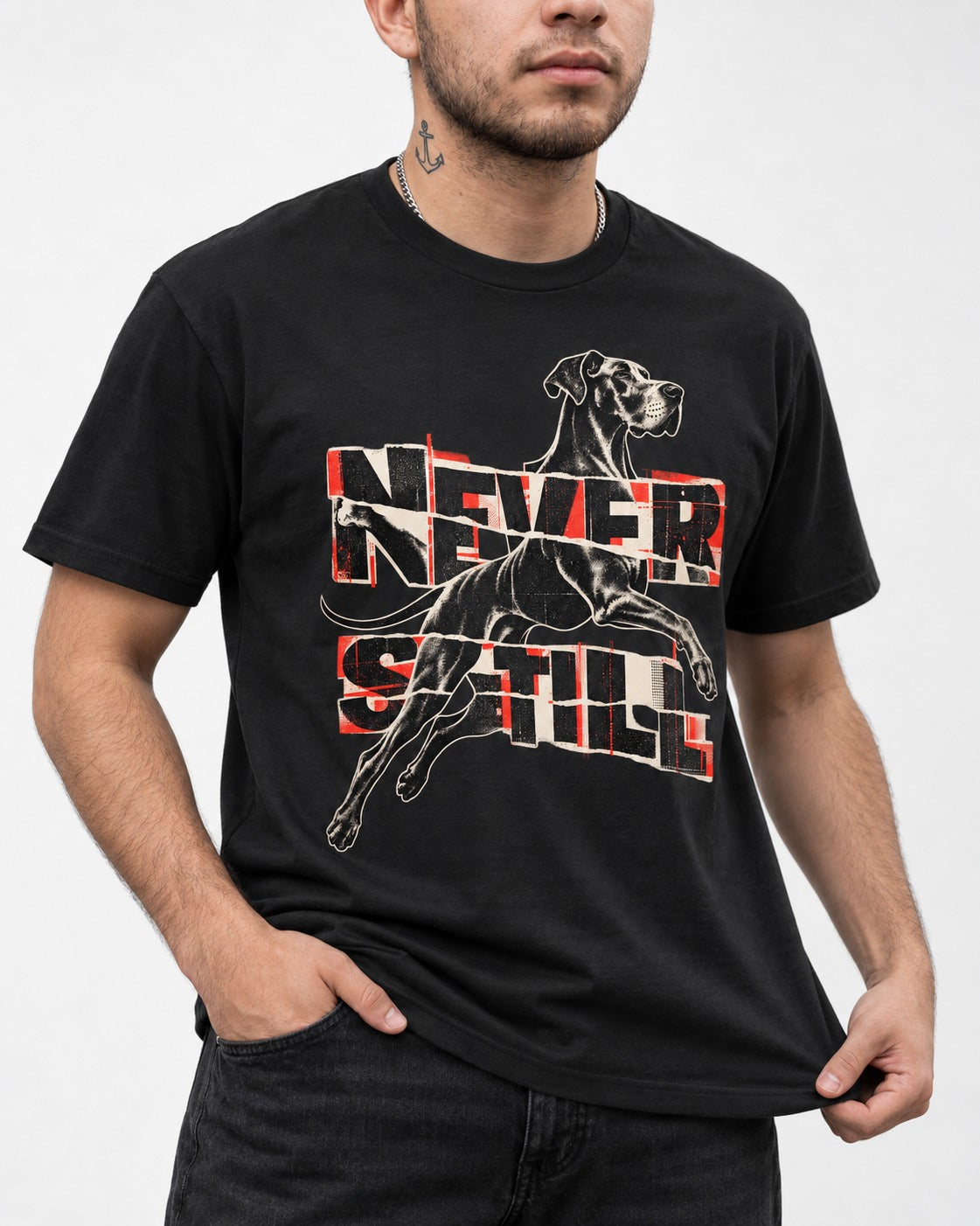 Great Dane Never Still Leaping Collage Graphic T-Shirt in Black, worn by a model, front view