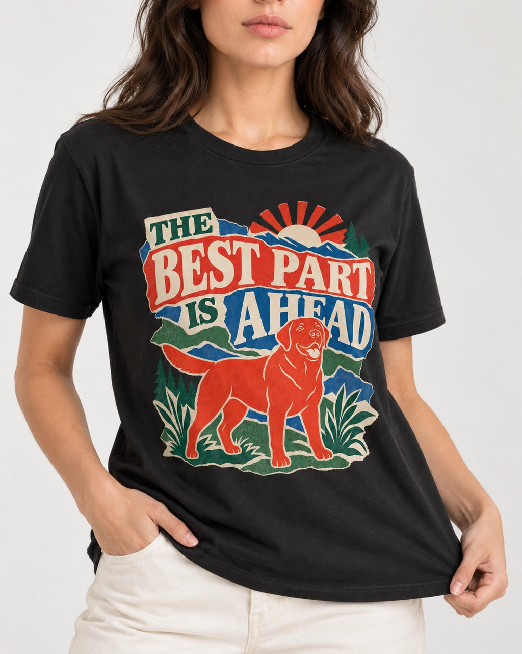 Labrador Retriever The Best Part Is Ahead Outdoor Graphic T-Shirt in Black, worn by a model, front view