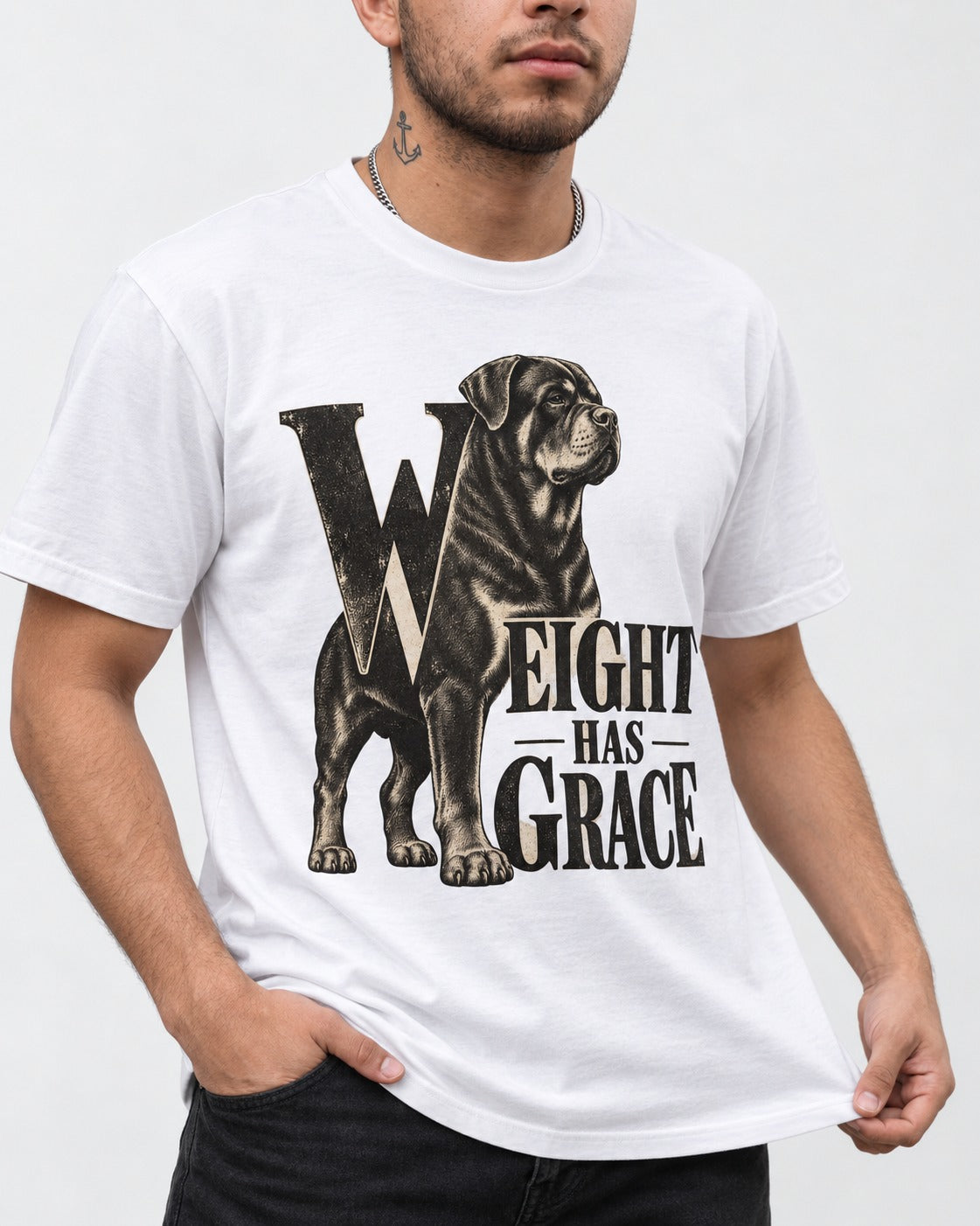 Rottweiler Weight Has Grace T-Shirt in White, worn by a model, front view