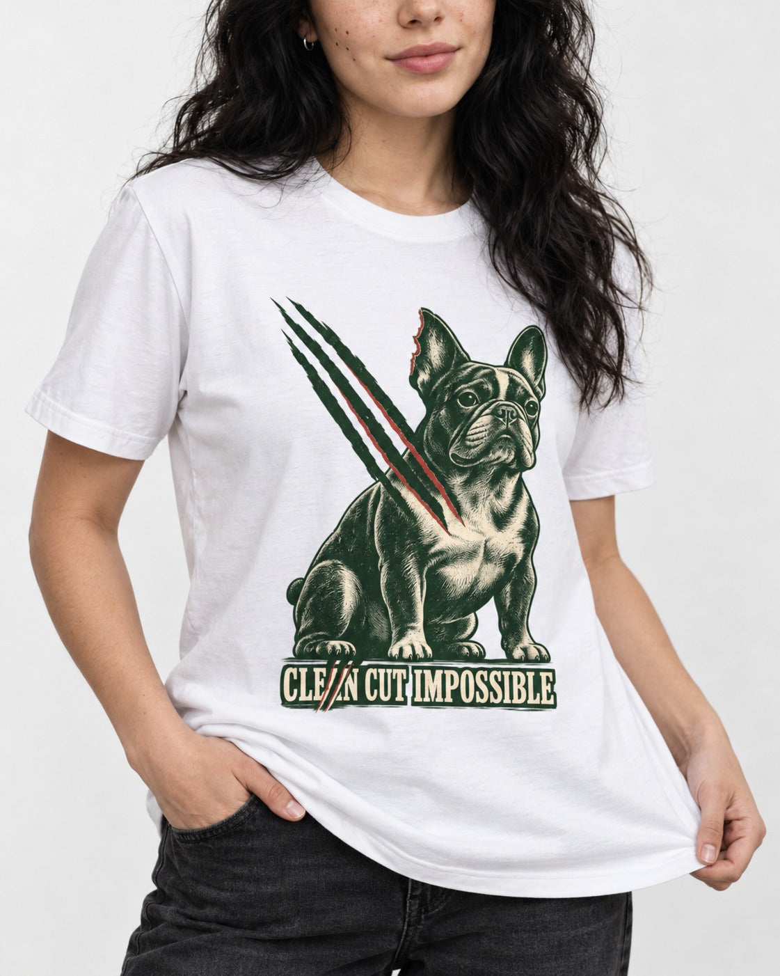 Frenchie Clean Cut Impossible T-Shirt in White, worn by a model, front view