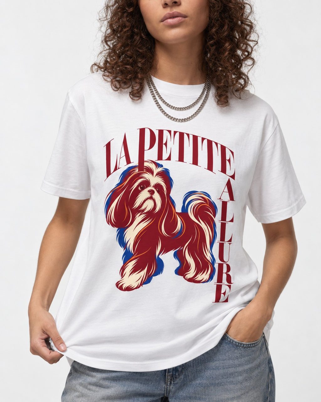 La Petite Allure Shih Tzu T-Shirt in White, worn by a model, front view