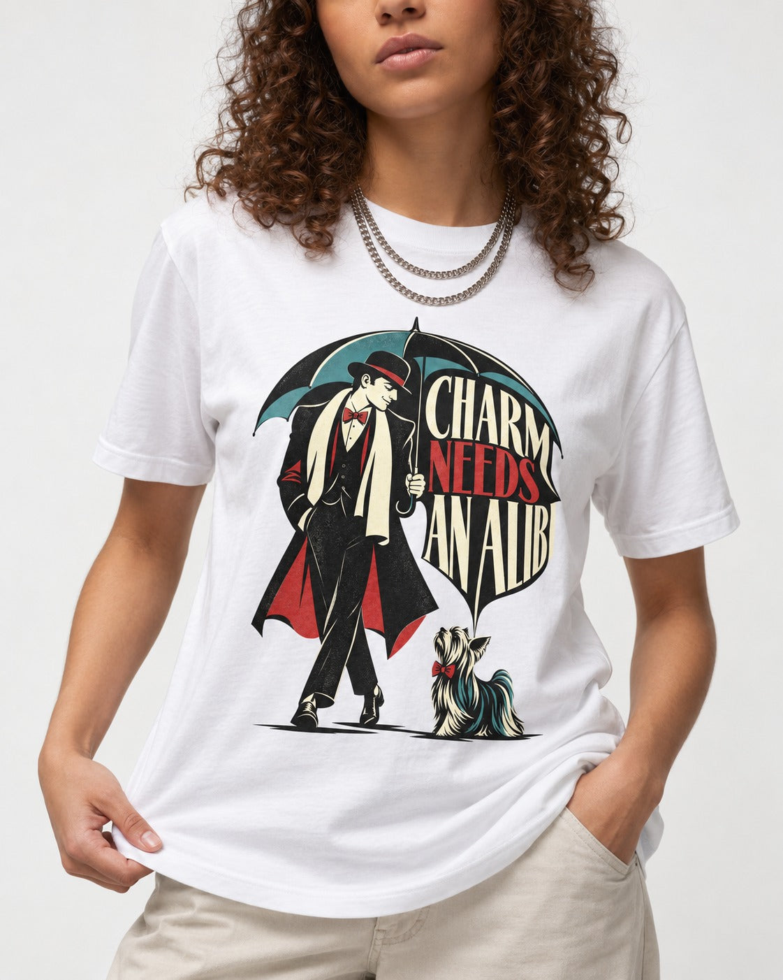 Charm Needs an Alibi Yorkshire Terrier T-Shirt in White, worn by a model, front view