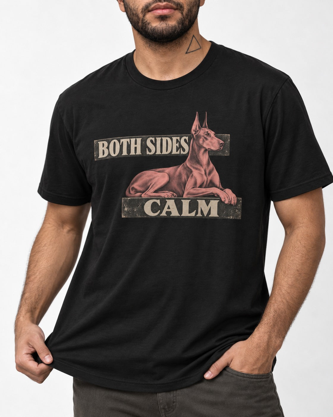 Doberman Both Sides Calm Banner T-Shirt in Black, worn by a model, front view