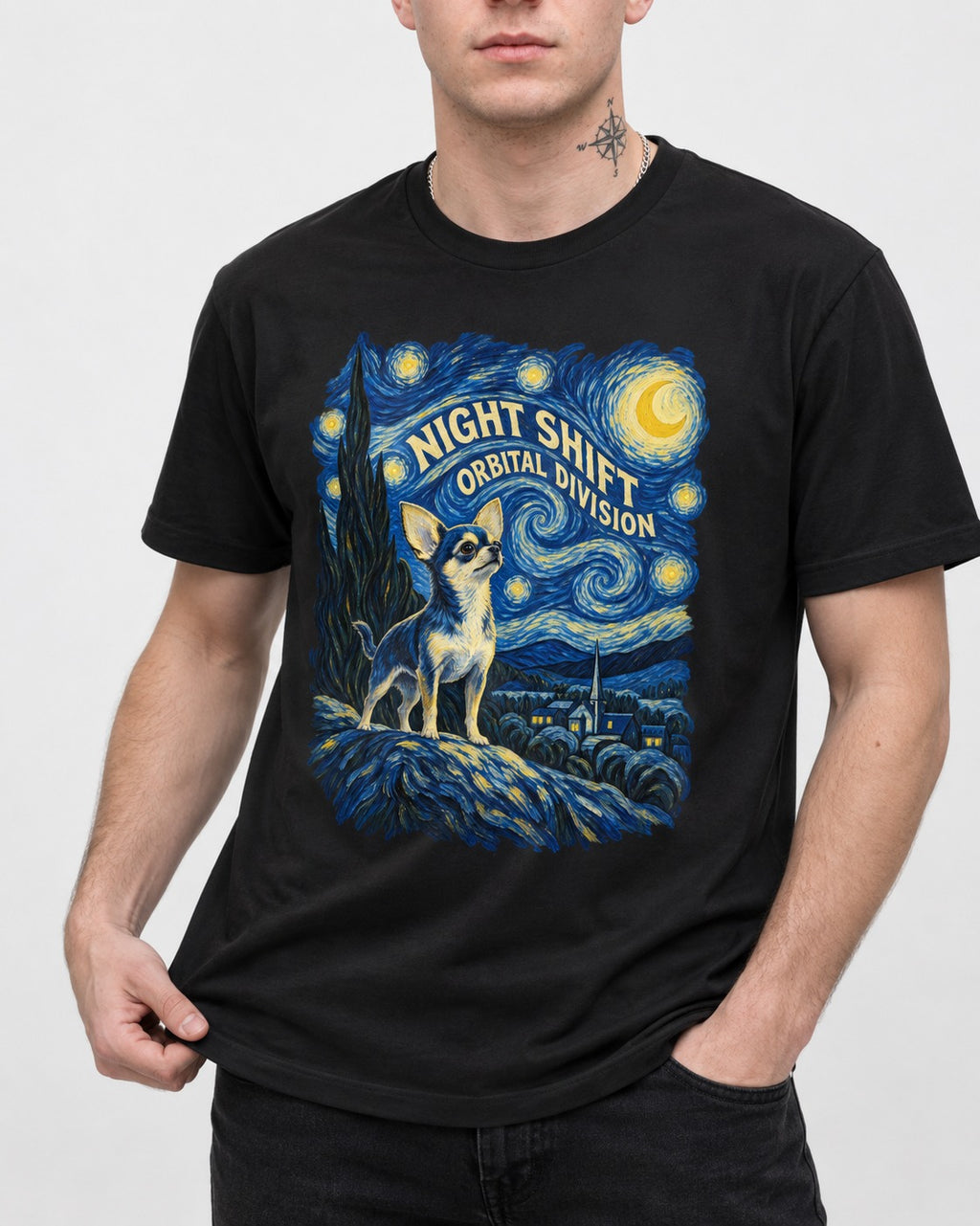Chihuahua Night Shift Orbital Division Starry Night Graphic T-Shirt in Black, worn by a model, front view