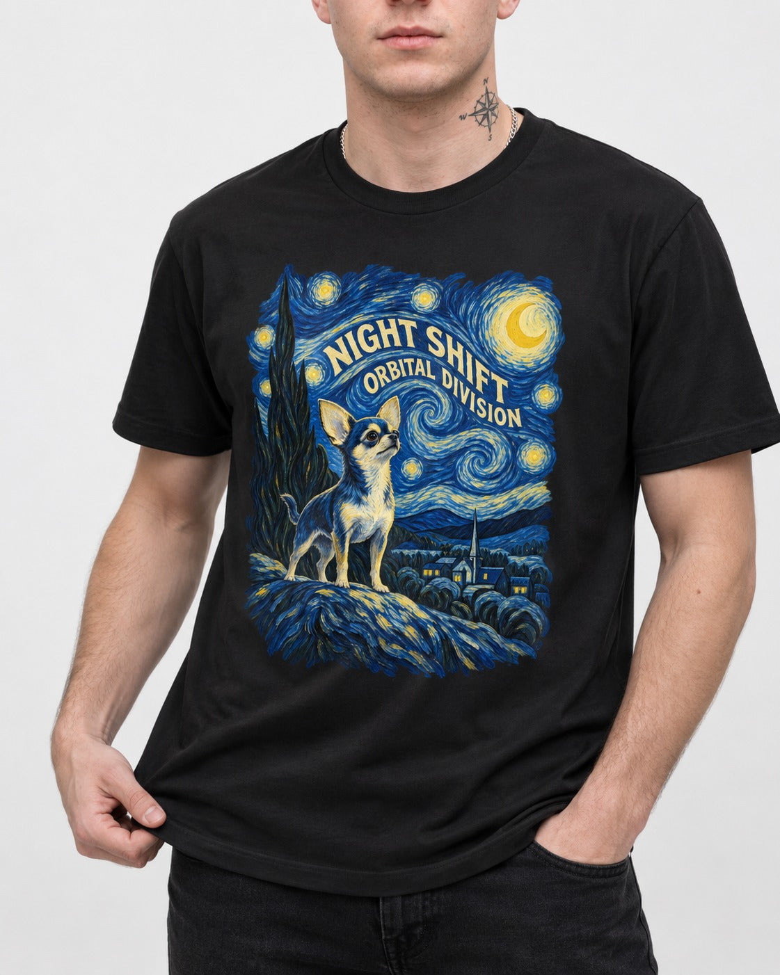 Chihuahua Night Shift Orbital Division Starry Night Graphic T-Shirt in Black, worn by a model, front view