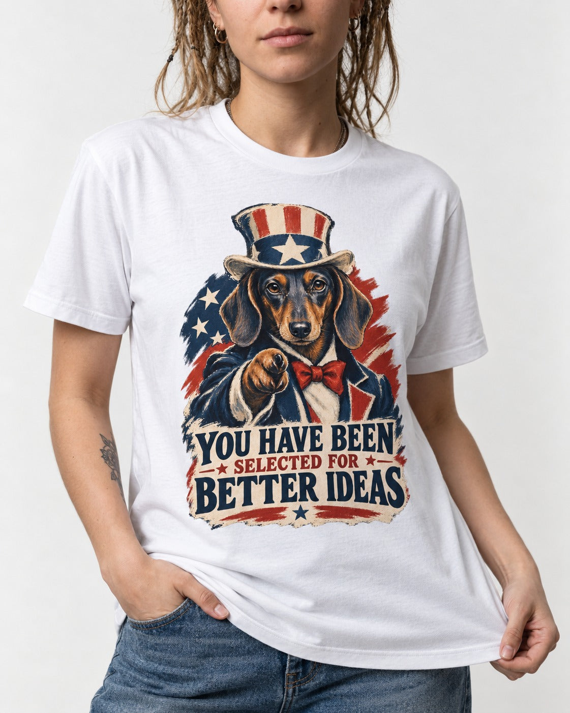 Dachshund Better Ideas T-Shirt in White, worn by a model, front view