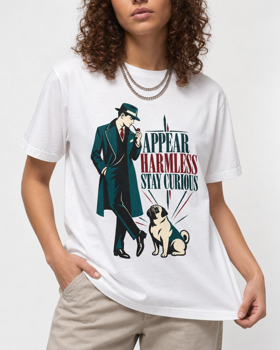 Pug Appear Harmless Stay Curious T-Shirt in White, worn by a model, front view