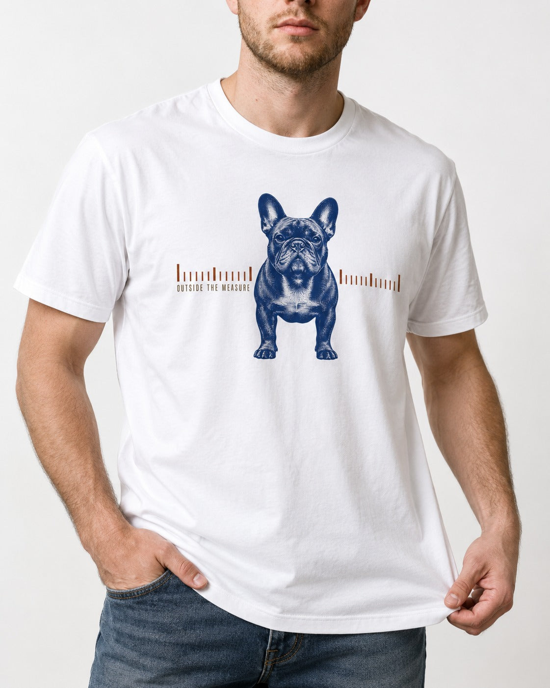 Frenchie Outside the Measure T-Shirt in White, worn by a model, front view