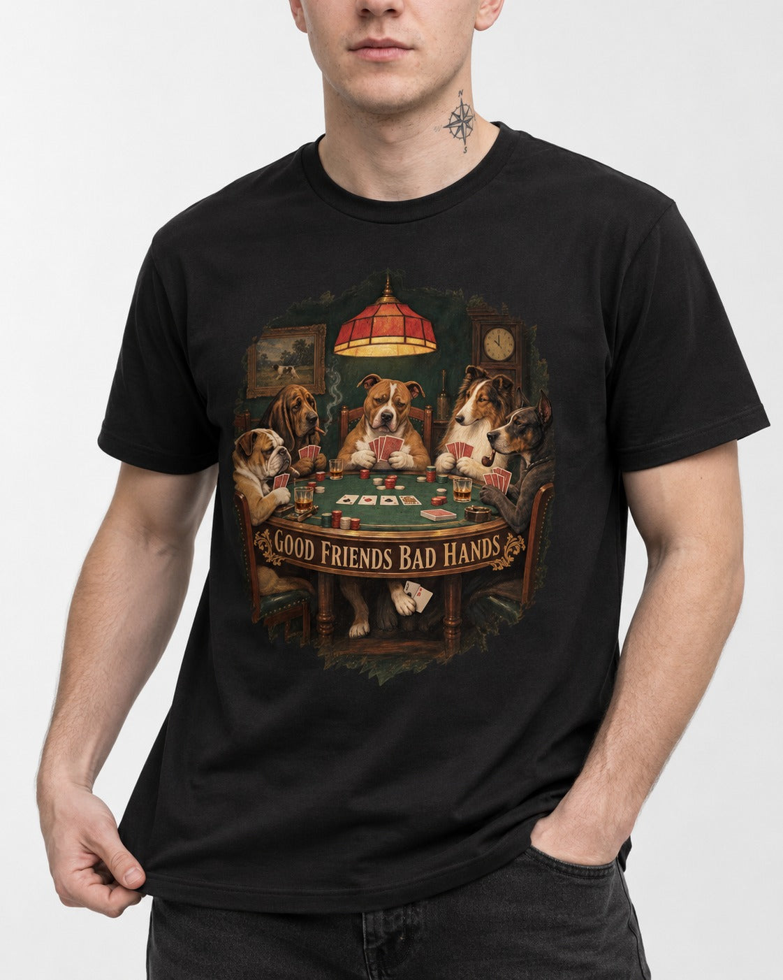 Pitbull Good Friends Bad Hands Poker Night Graphic T-Shirt in Black, worn by a model, front view