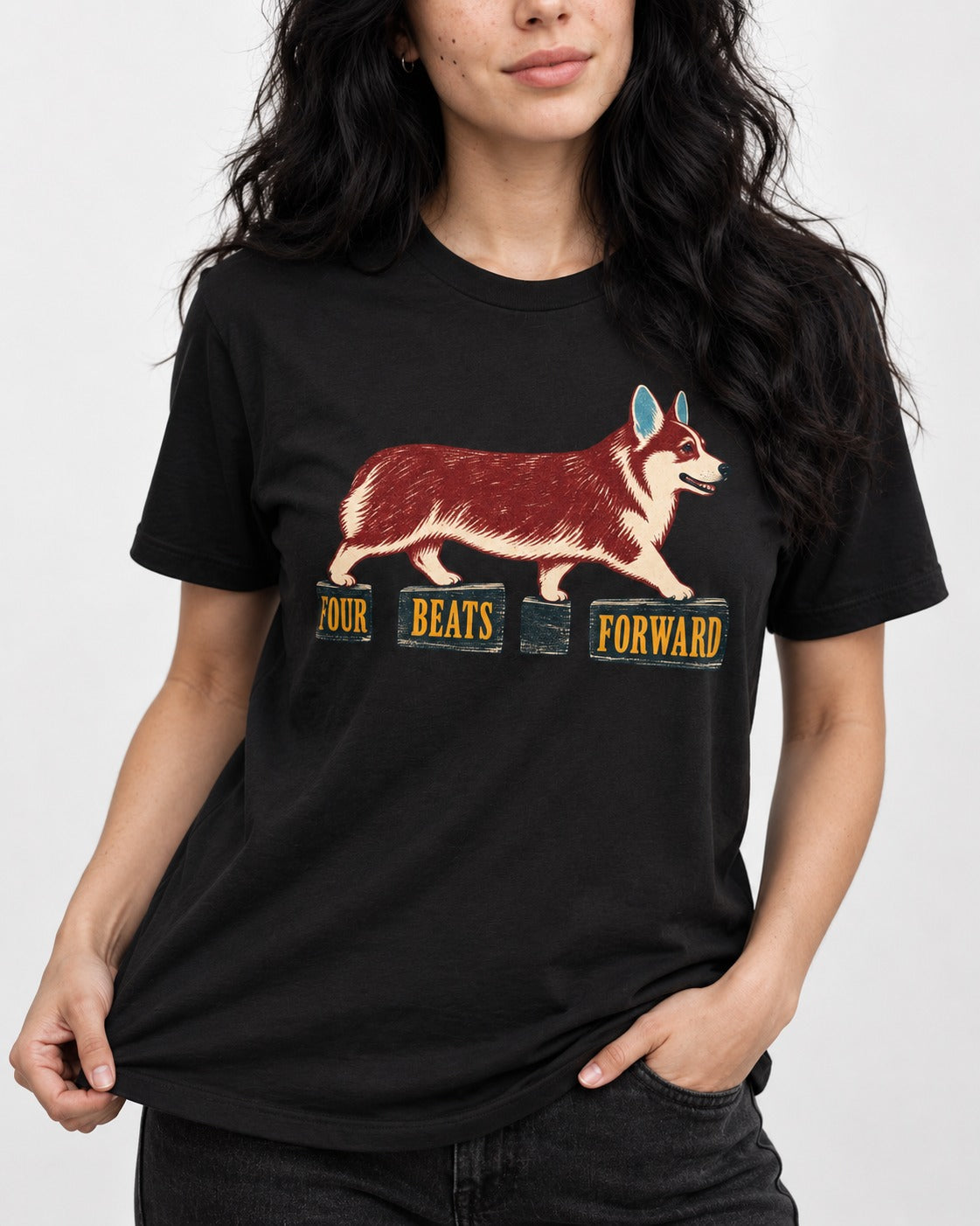 Corgi Four Beats Forward T-Shirt in Black, worn by a model, front view