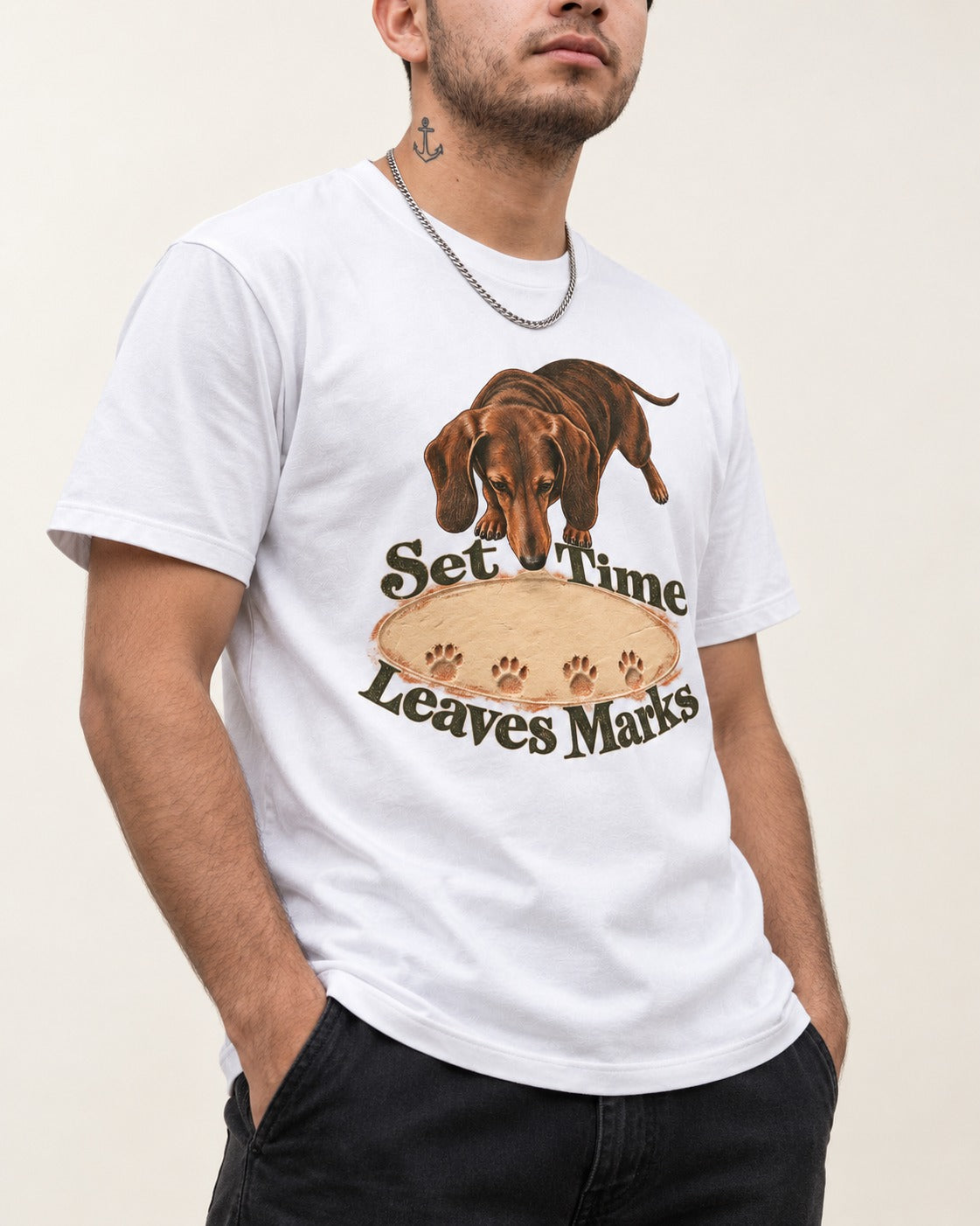Dachshund Time Leaves Marks T-Shirt in White, worn by a model, front view
